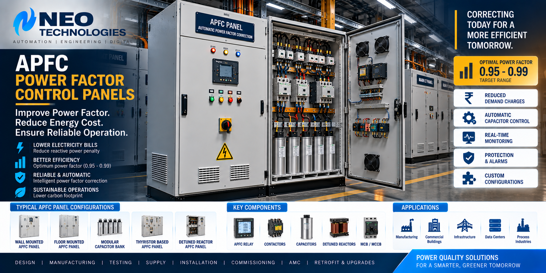 APFC electrical panel with capacitor banks and automatic power factor control