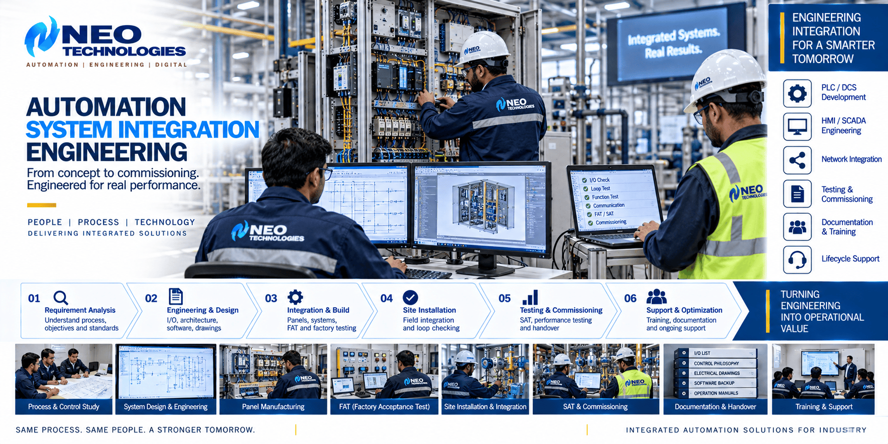 Automation system integration engineering with control panel design, PLC development, testing, commissioning and industrial engineers