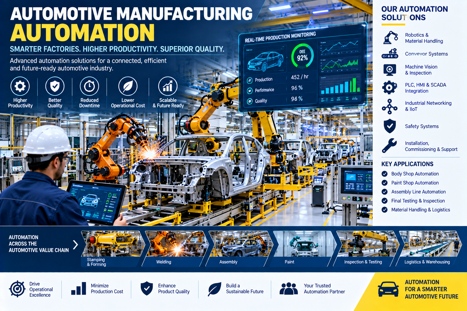 Automotive manufacturing automation with robotic assembly and production systems