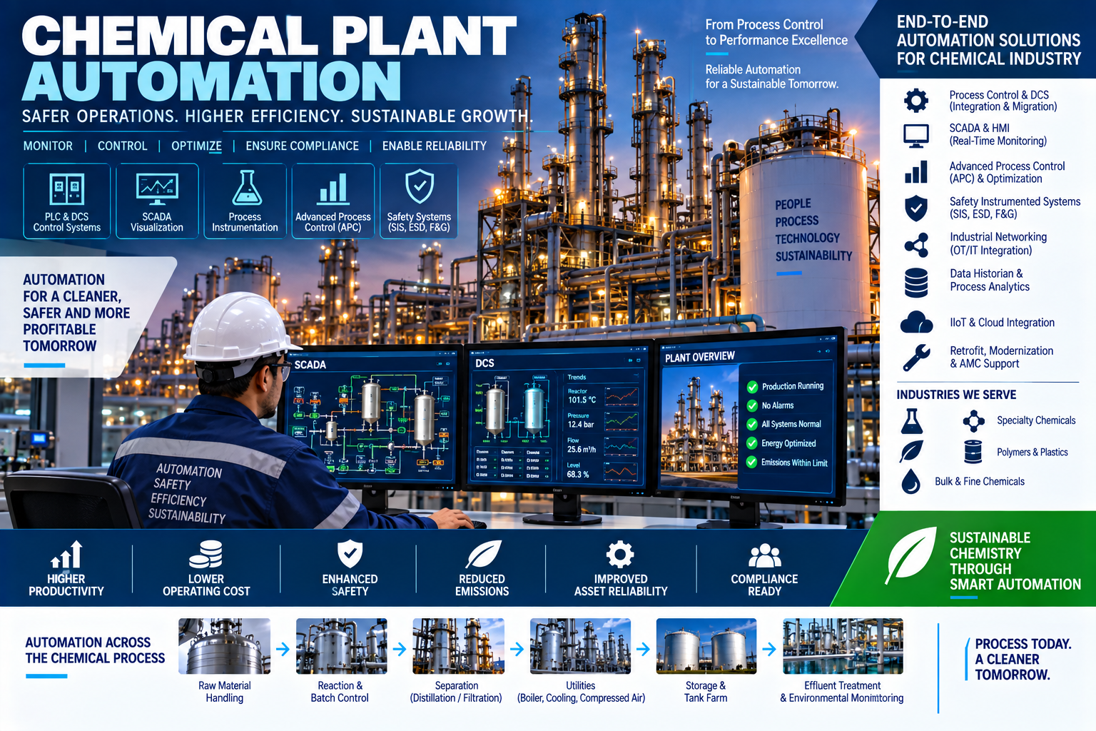 Chemical plant process automation with DCS SCADA instrumentation and safety systems