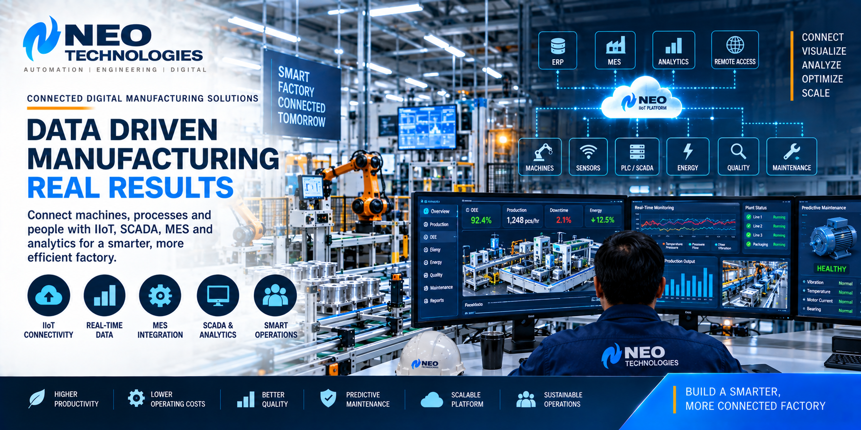 Connected digital manufacturing with IIoT, SCADA, MES, production analytics, smart factory equipment and real-time monitoring