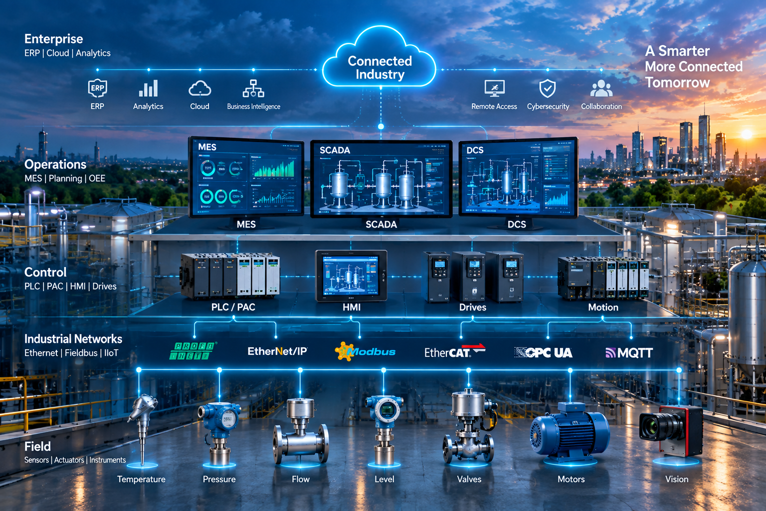 Connected industrial automation ecosystem integrating field equipment control SCADA MES IIoT and enterprise platforms
