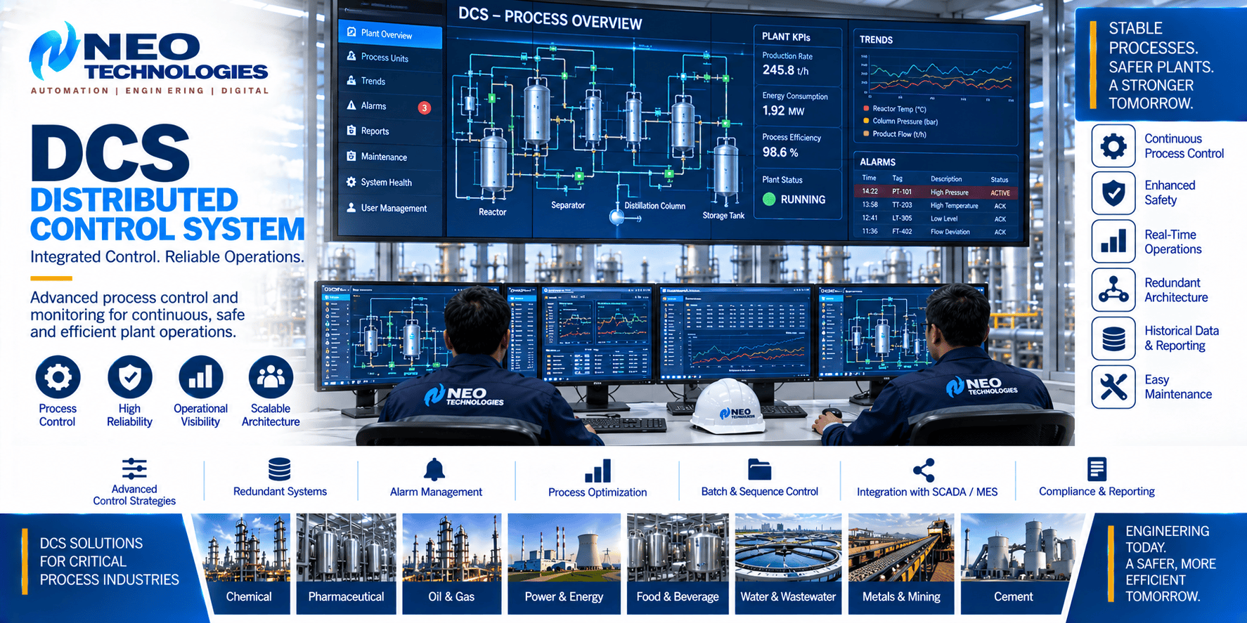 DCS distributed control system for continuous process automation with operator stations, process graphics, alarms, trends and plant instrumentation