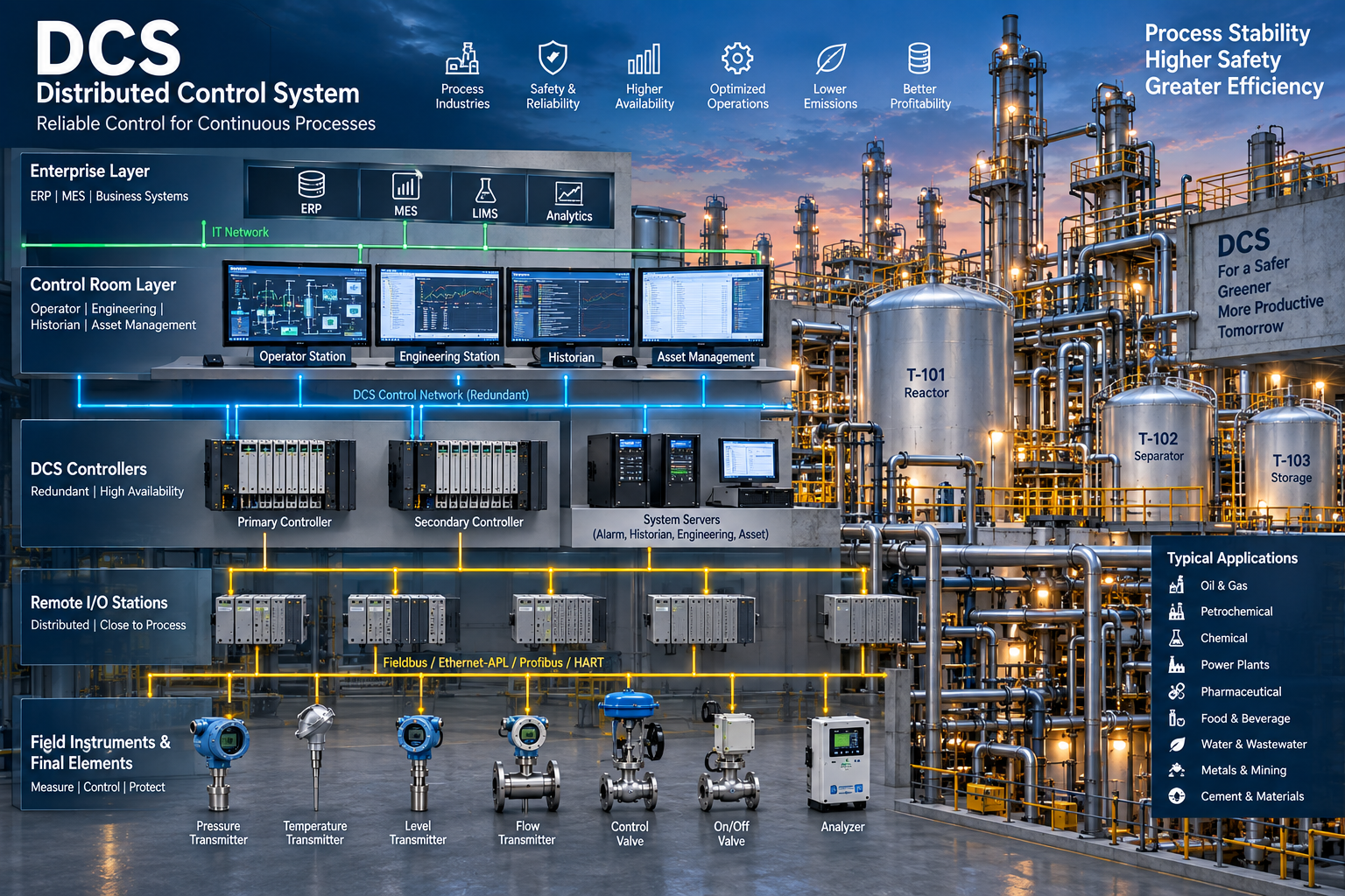DCS distributed process control system for industrial plants