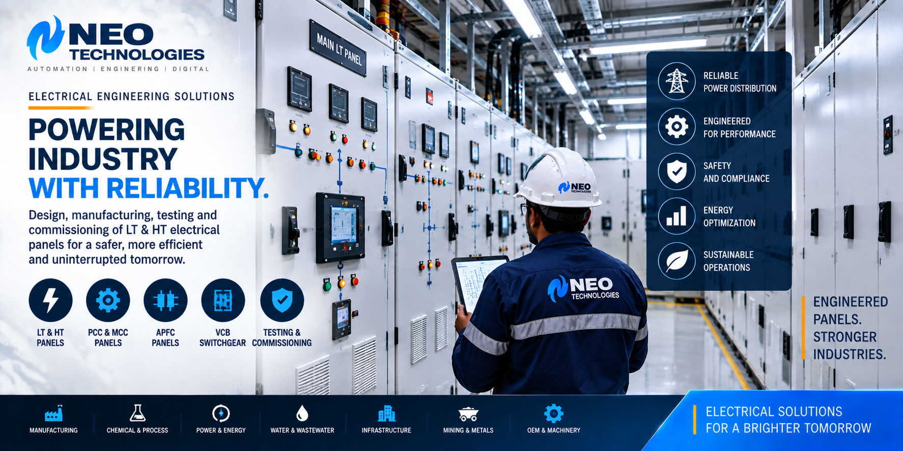 Industrial electrical engineering with LT and HT panels, PCC, MCC, APFC, switchgear and power distribution systems
