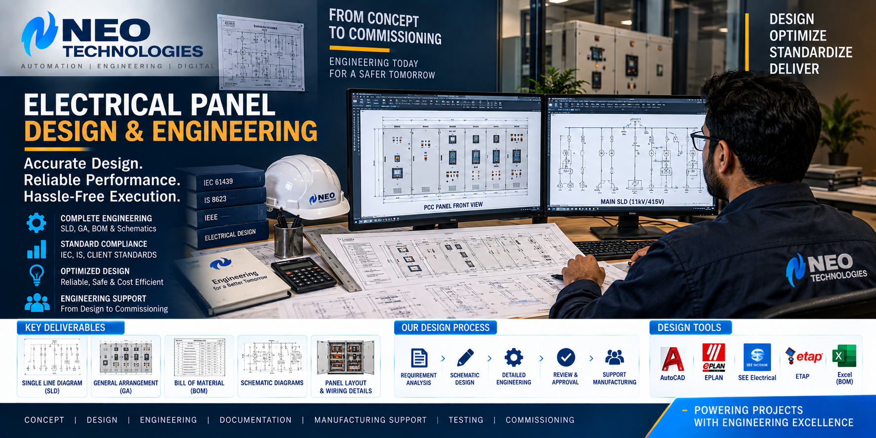 Electrical panel design engineering with SLD, GA drawings, BOM and electrical schematics