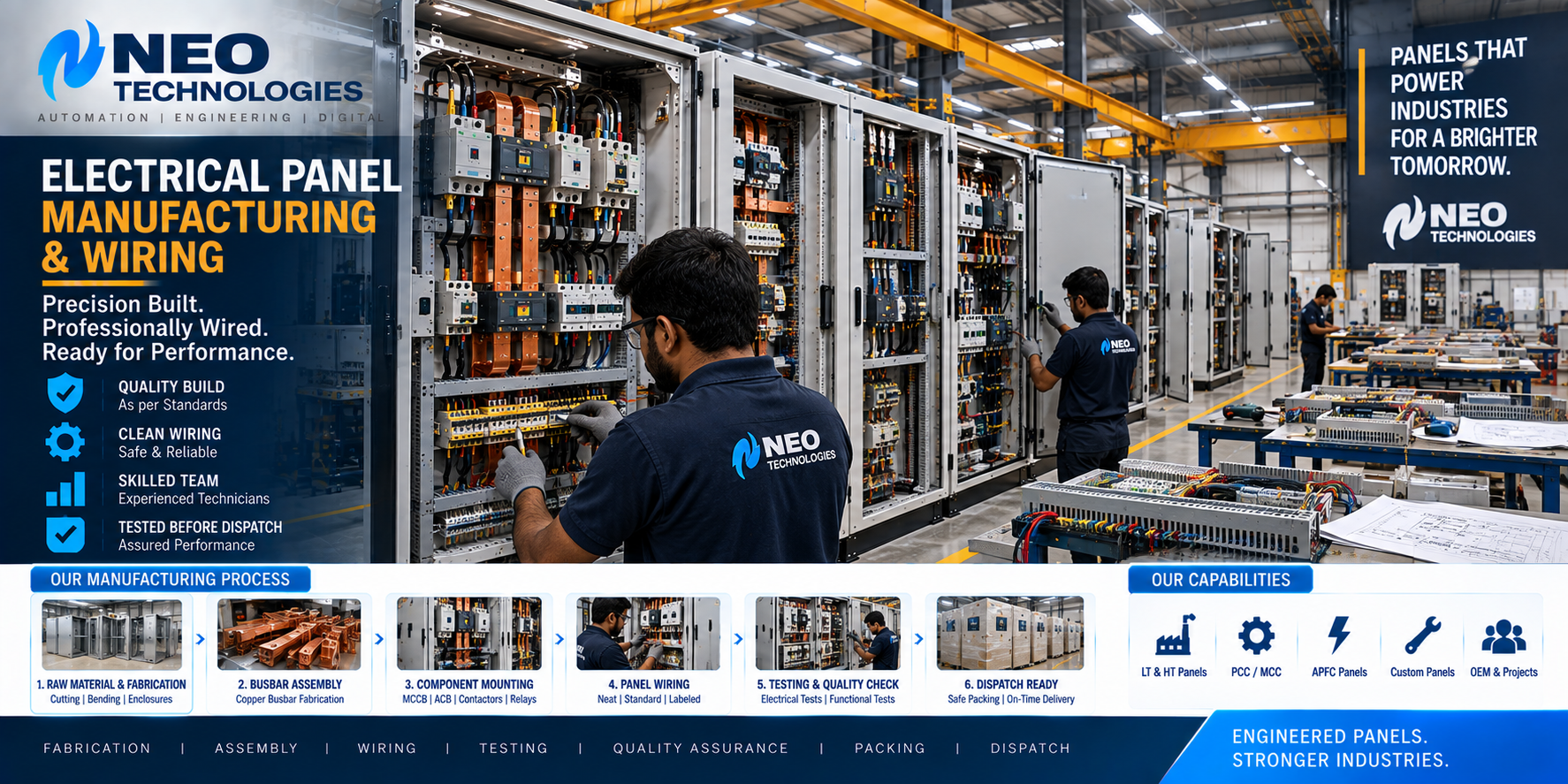 Electrical panel manufacturing with copper busbars, switchgear assembly and control wiring
