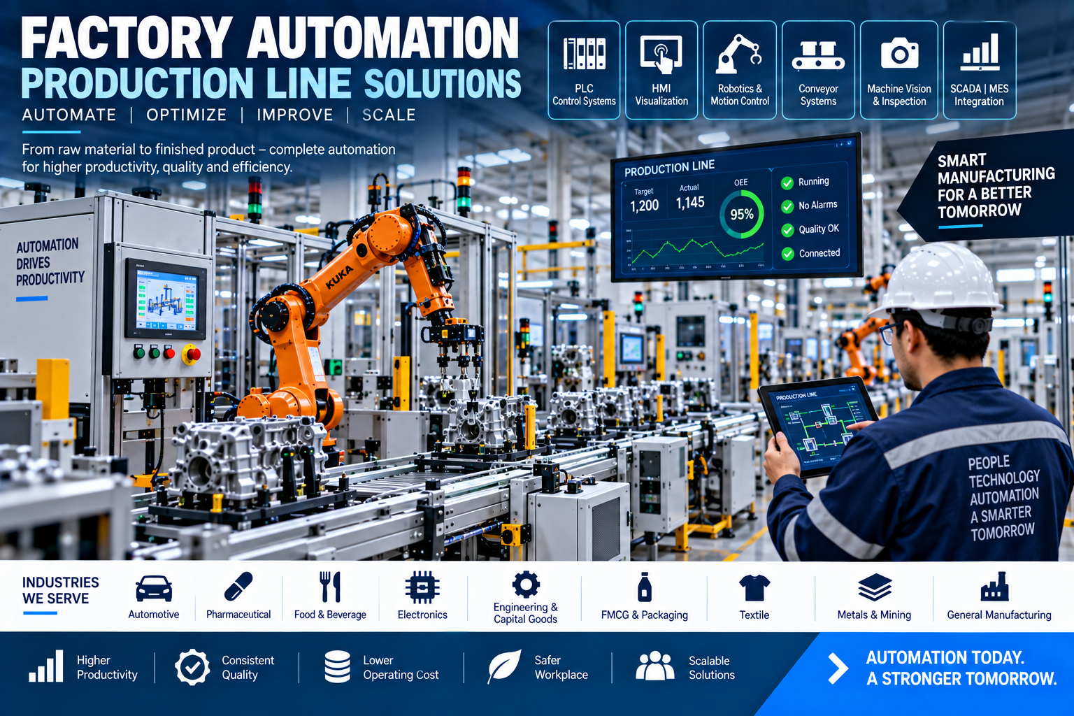 Factory automation production line with industrial machinery robotics conveyors and controls