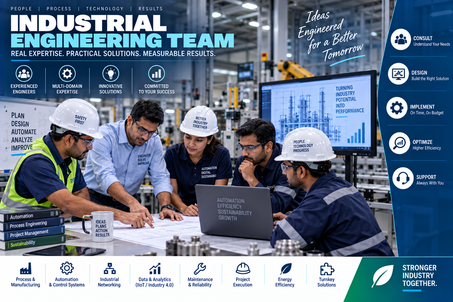 Industrial engineering team designing automation and manufacturing solutions