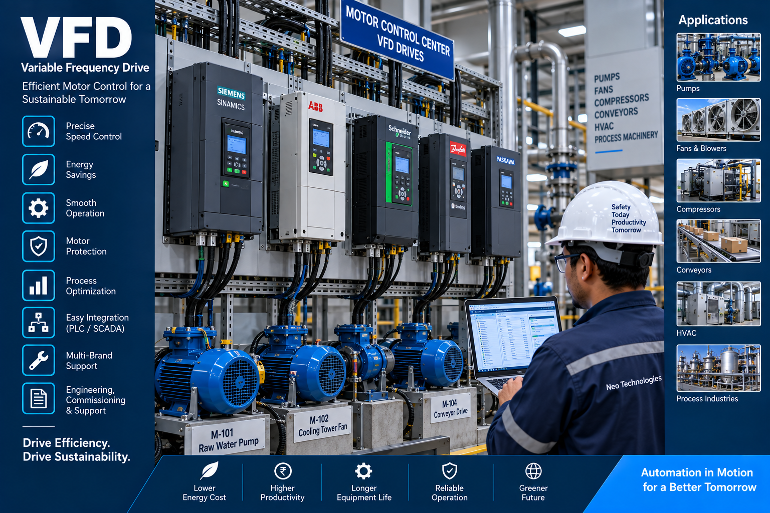 Industrial VFD drive control for motor automation and energy efficiency