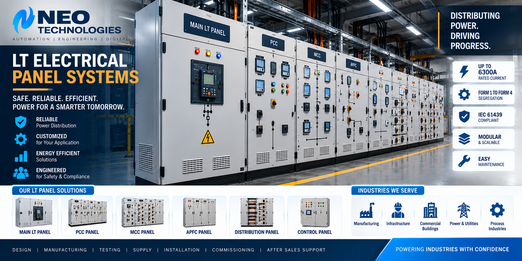 LT electrical panel system with PCC, MCC, APFC, distribution and control panels