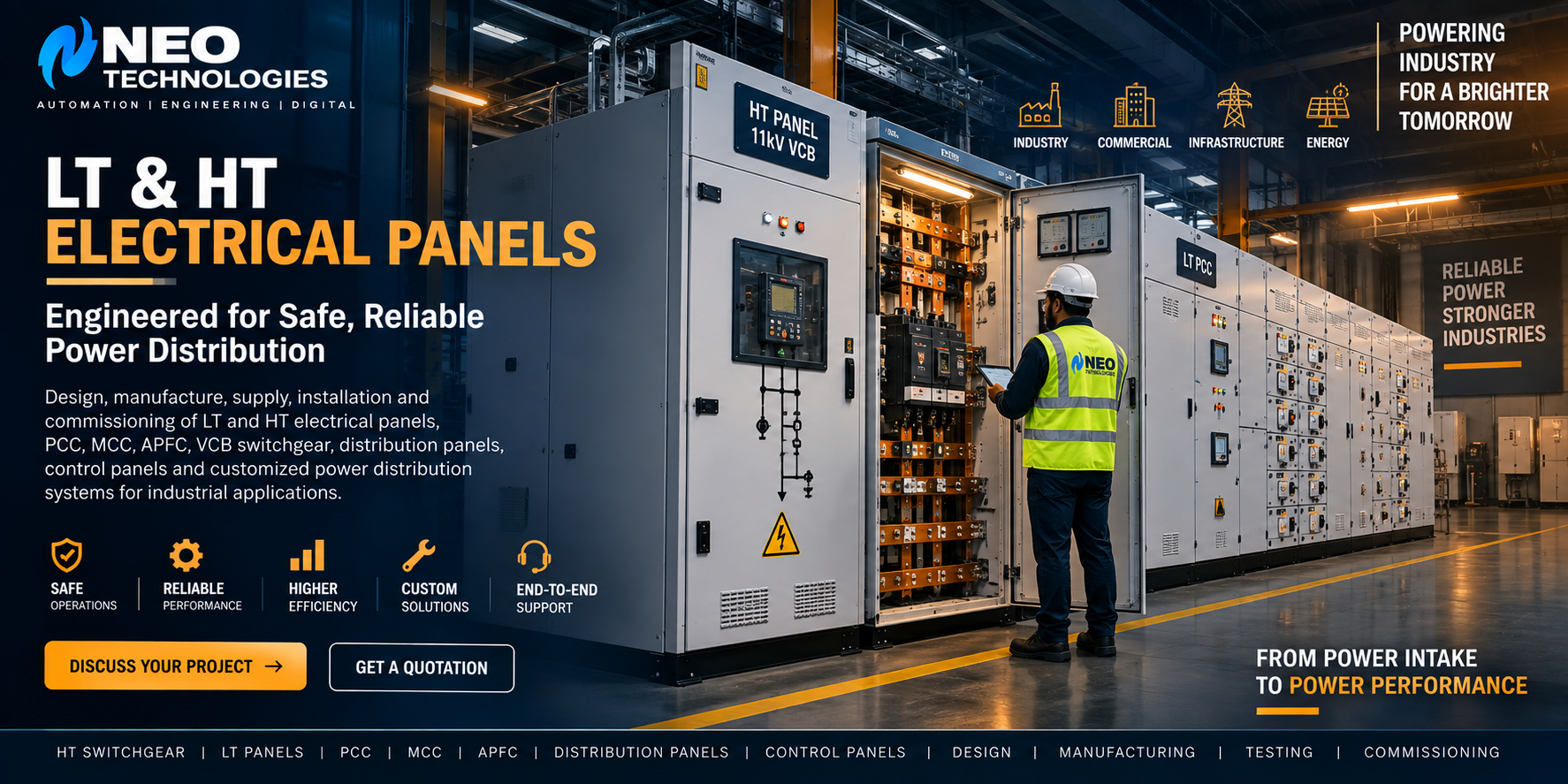 LT and HT electrical panels for industrial power distribution, PCC, MCC and VCB switchgear