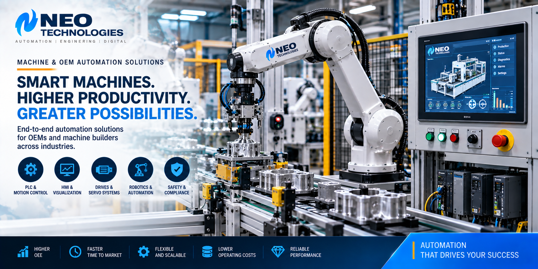 Machine and OEM automation with industrial robots, PLC, HMI, servo drives, motion control and automated production equipment
