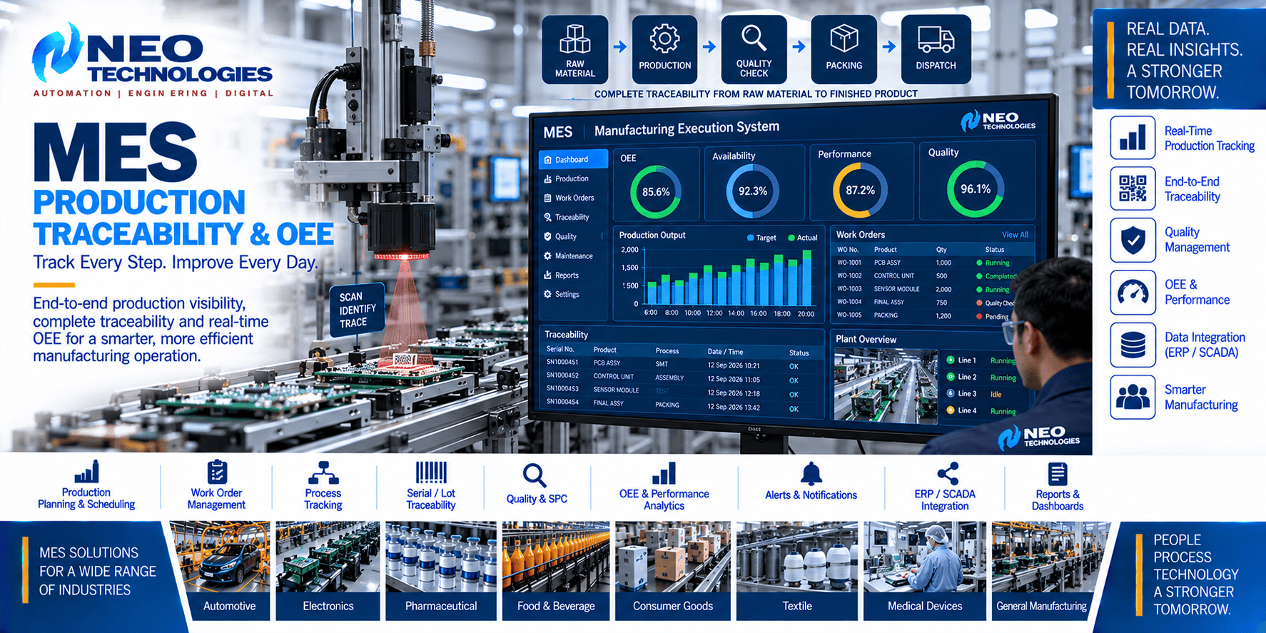 MES production traceability and OEE system with work orders, production tracking, quality data, serial identification and manufacturing performance dashboards