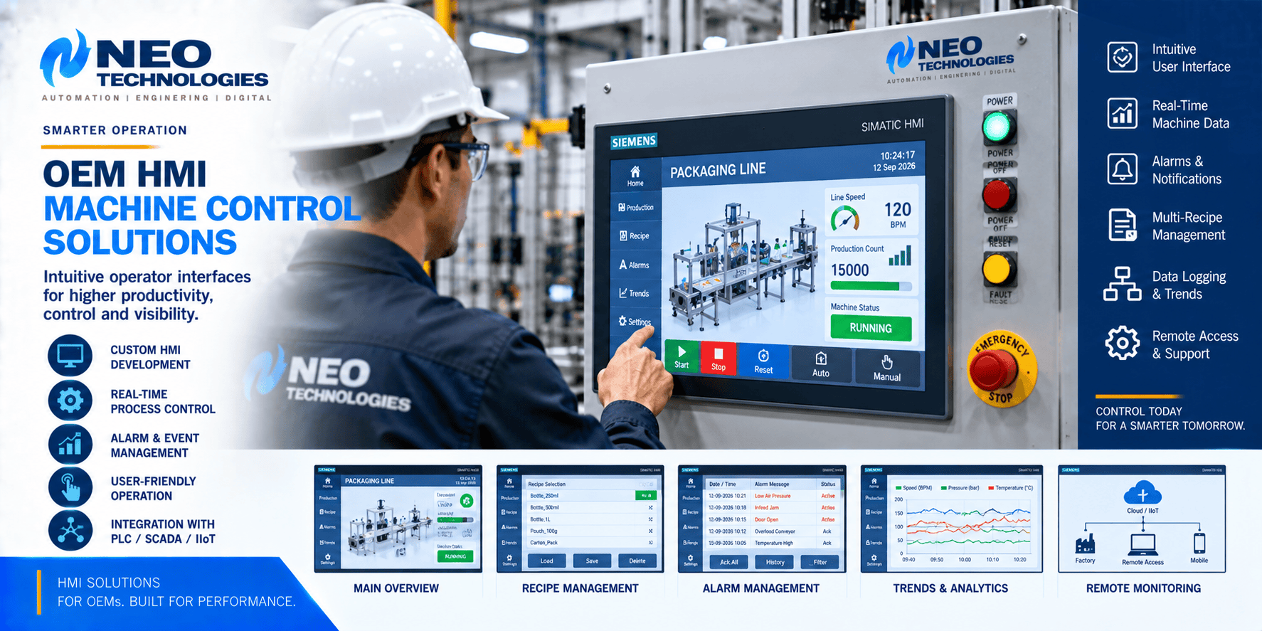 Industrial HMI machine control interface with production overview, alarms, recipes, trends and operator controls