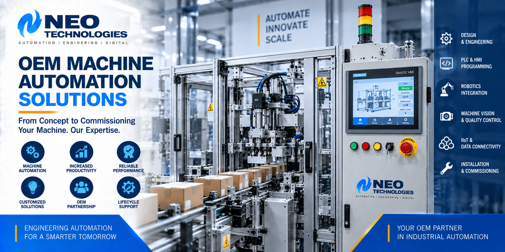 OEM machine automation system with PLC, HMI, industrial machine, conveyor and automated production equipment