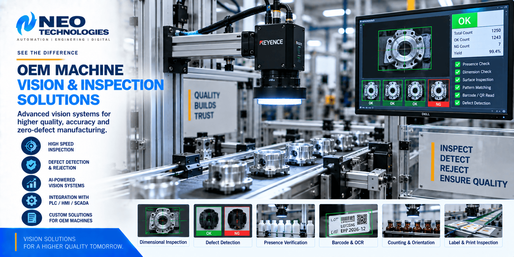 Industrial machine vision inspection system with camera, automated conveyor and quality inspection display