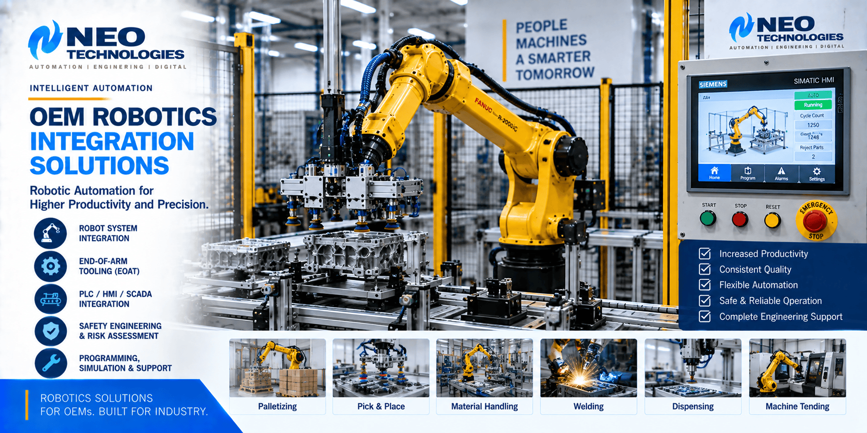 Industrial robot integration with PLC, HMI, robotic cell, end-of-arm tooling and machine safety system