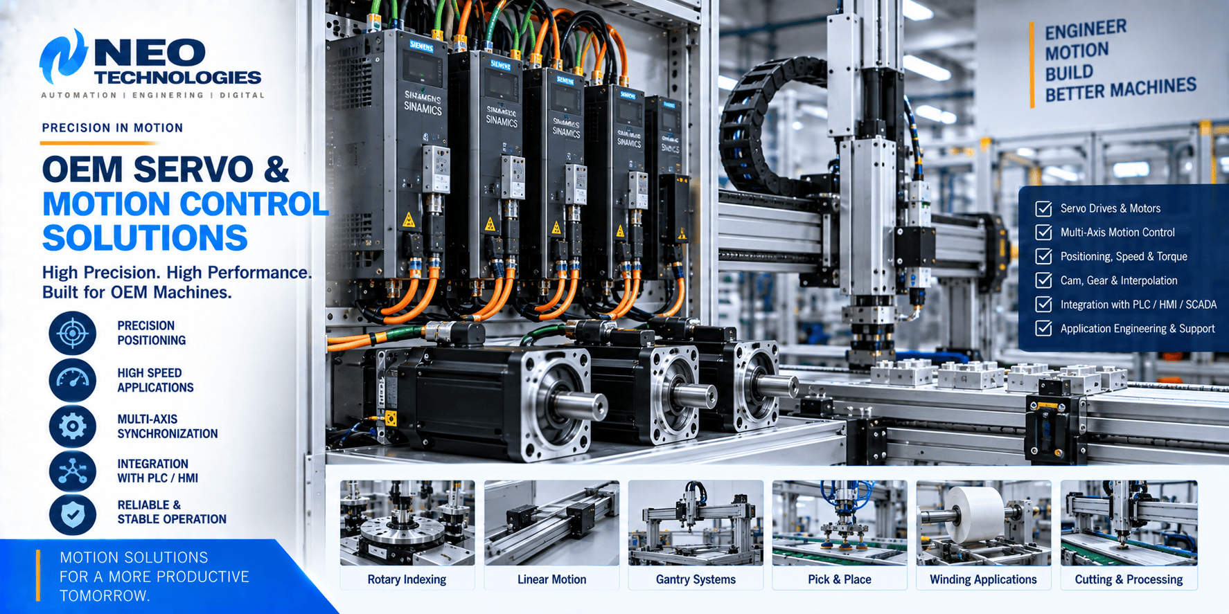 OEM servo and motion control system with servo drives, servo motors, linear axes and multi-axis machine automation