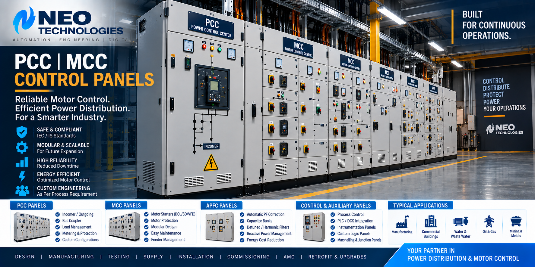 PCC and MCC control panels for industrial power distribution and motor control