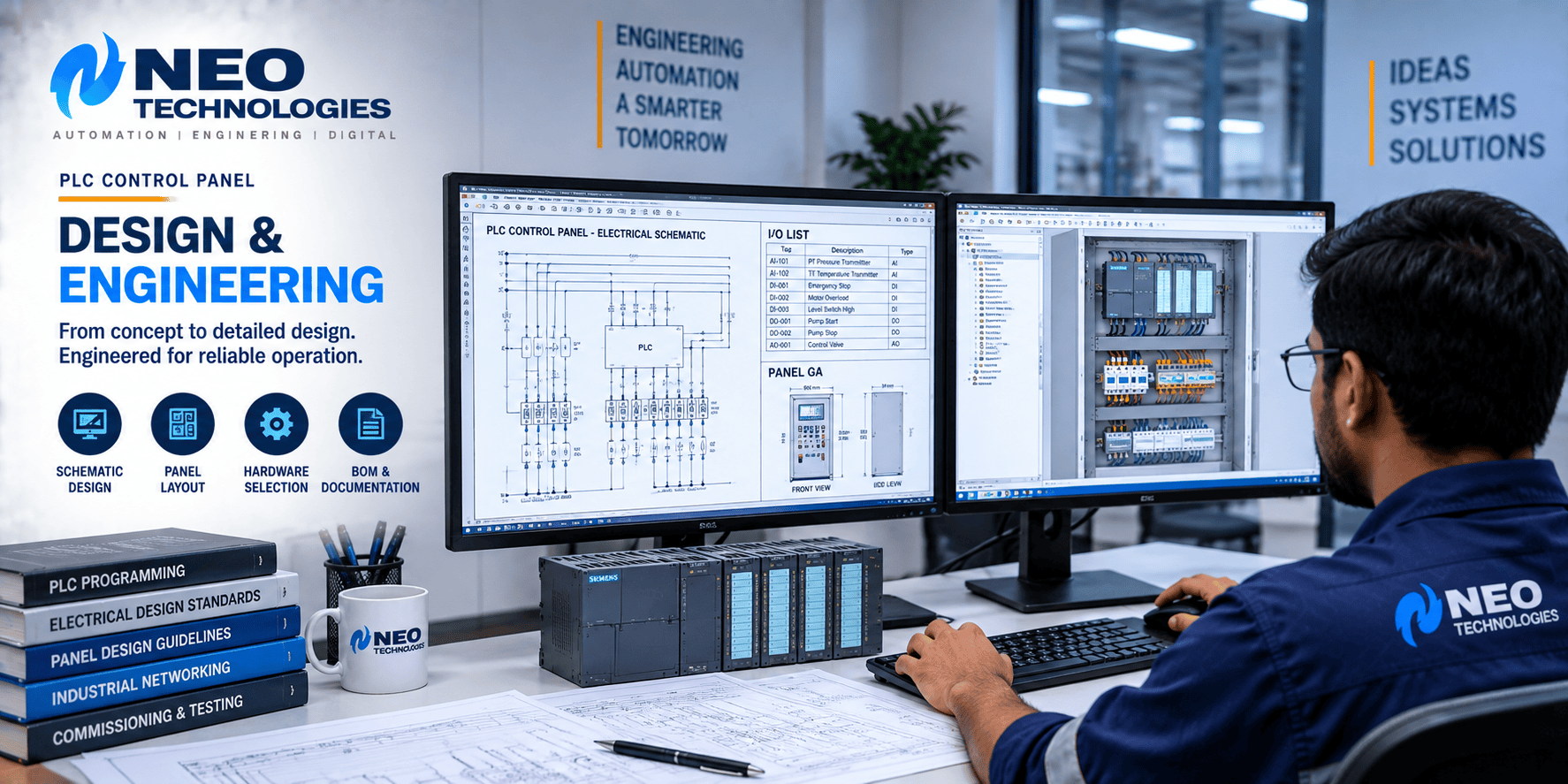 PLC control panel design engineering with electrical schematic, I/O list, panel layout and hardware selection