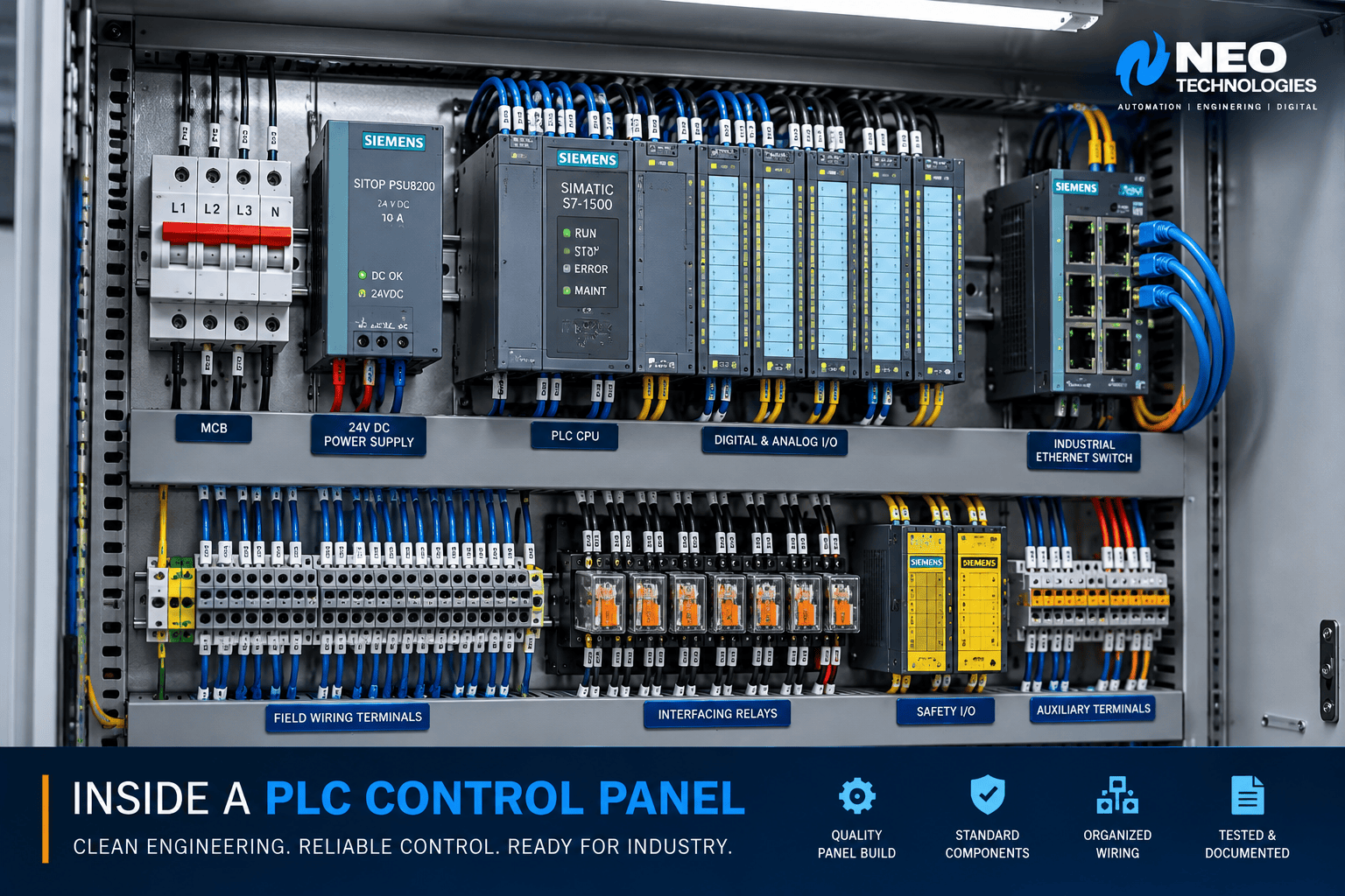 PLC control panel internal components with PLC CPU, I/O modules, power supply, relays, terminals and Ethernet switch