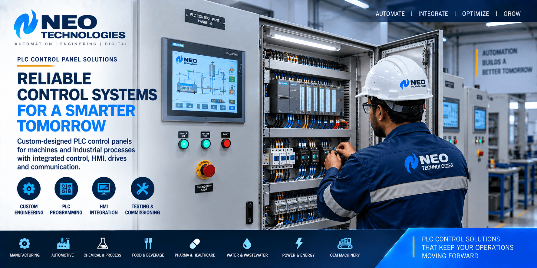 Industrial PLC control panel with PLC, HMI, electrical components and automation engineering