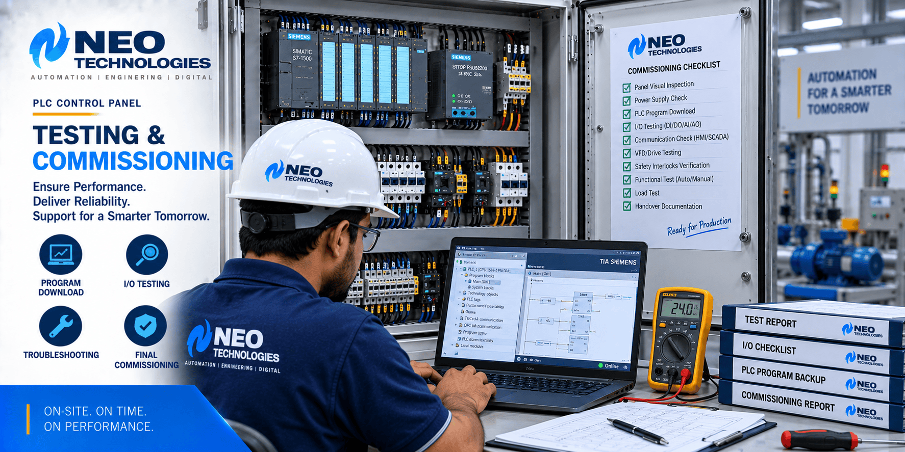 PLC control panel testing and commissioning with PLC diagnostics, I/O testing, laptop and electrical measurements