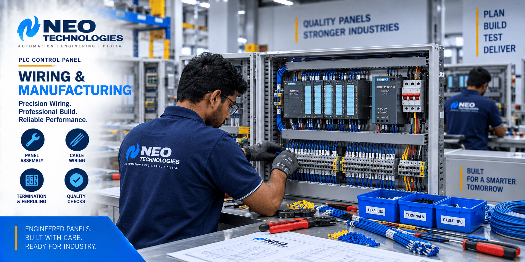 PLC control panel wiring and assembly with terminal blocks, ferrules, cable ducts and organized control wiring