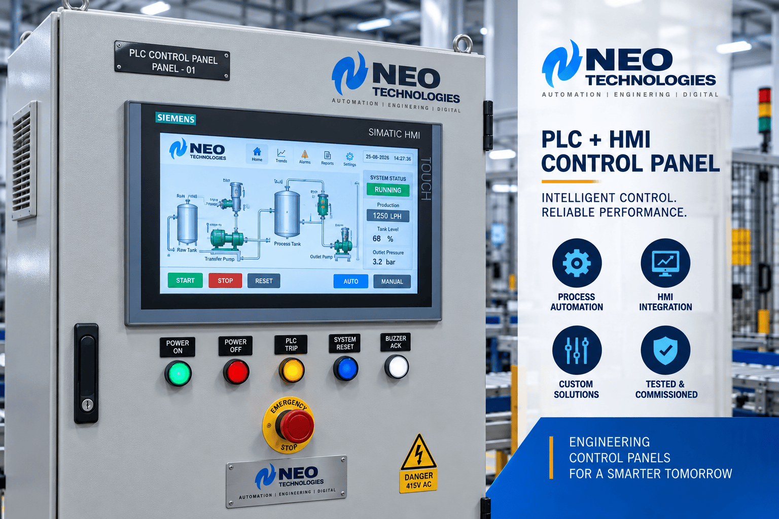 PLC and HMI control panel with touchscreen operator interface, push buttons, indicators and emergency stop