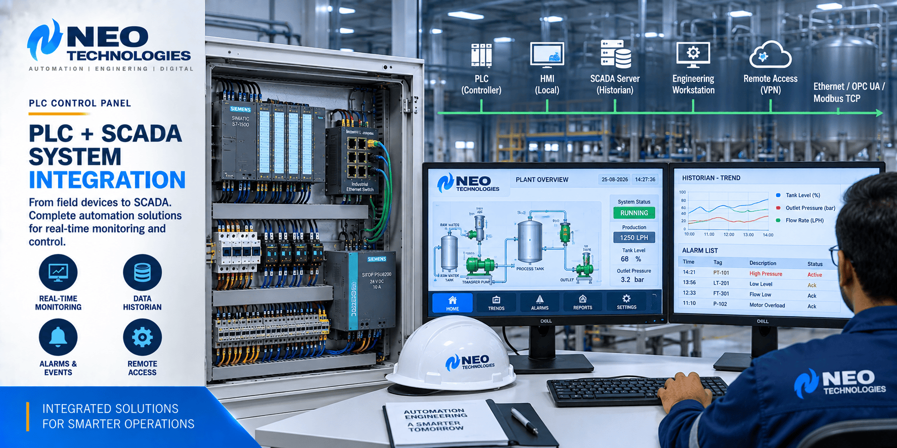 PLC and SCADA system integration with industrial Ethernet, HMI, historian, alarms and process monitoring