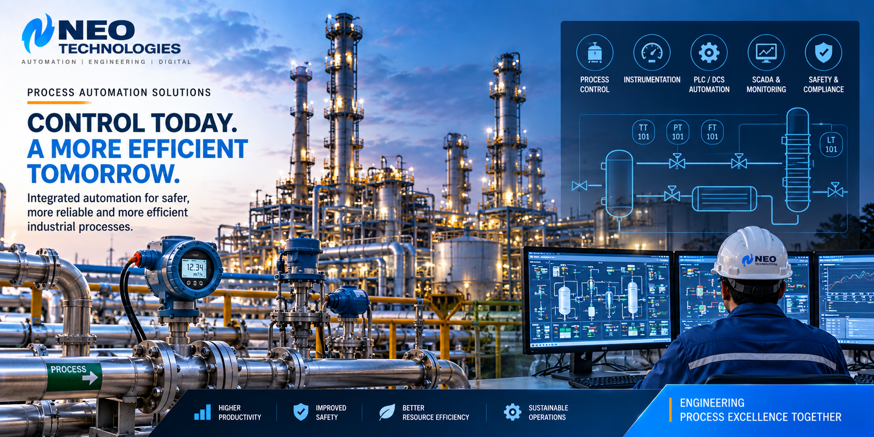Process automation system with industrial instrumentation, PLC and DCS control, SCADA monitoring and process plant equipment