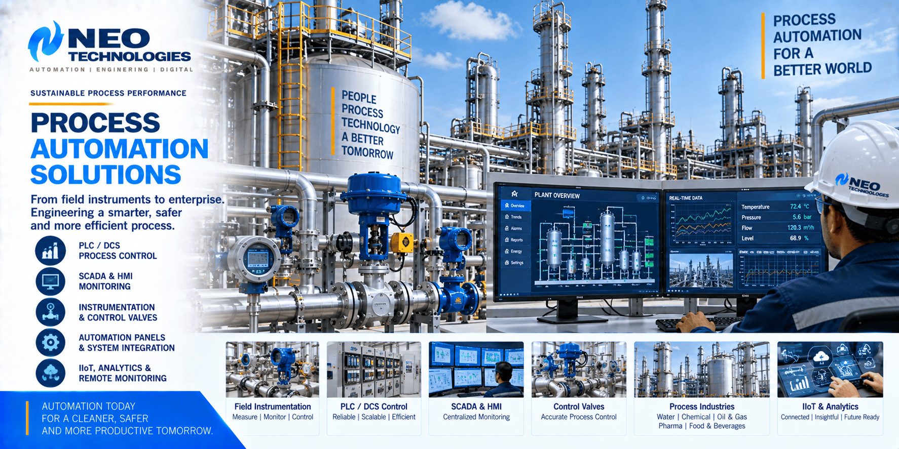 Industrial process automation system with field instrumentation, control valves, process plant and SCADA monitoring