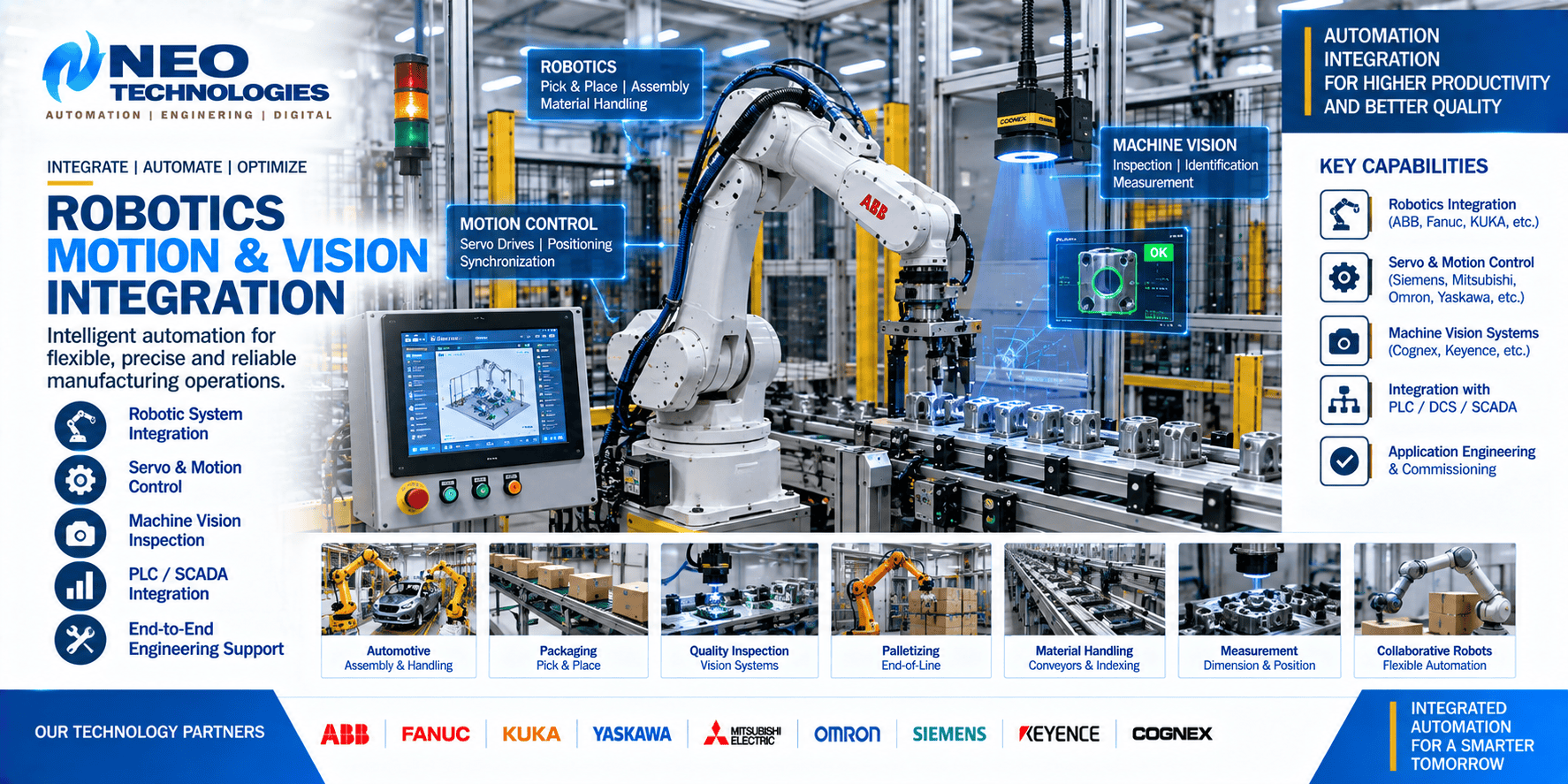 Industrial robotics, servo motion control and machine vision integrated with PLC and automated production equipment