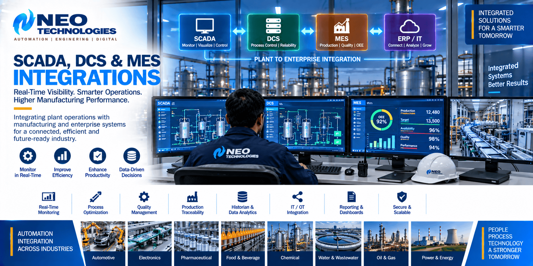 SCADA DCS and MES integration connecting industrial process control, plant monitoring, manufacturing operations and enterprise systems