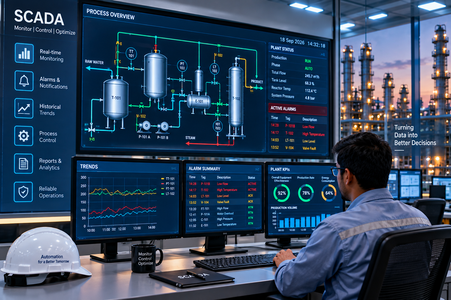 SCADA industrial monitoring system for plant visualization alarms trends and control