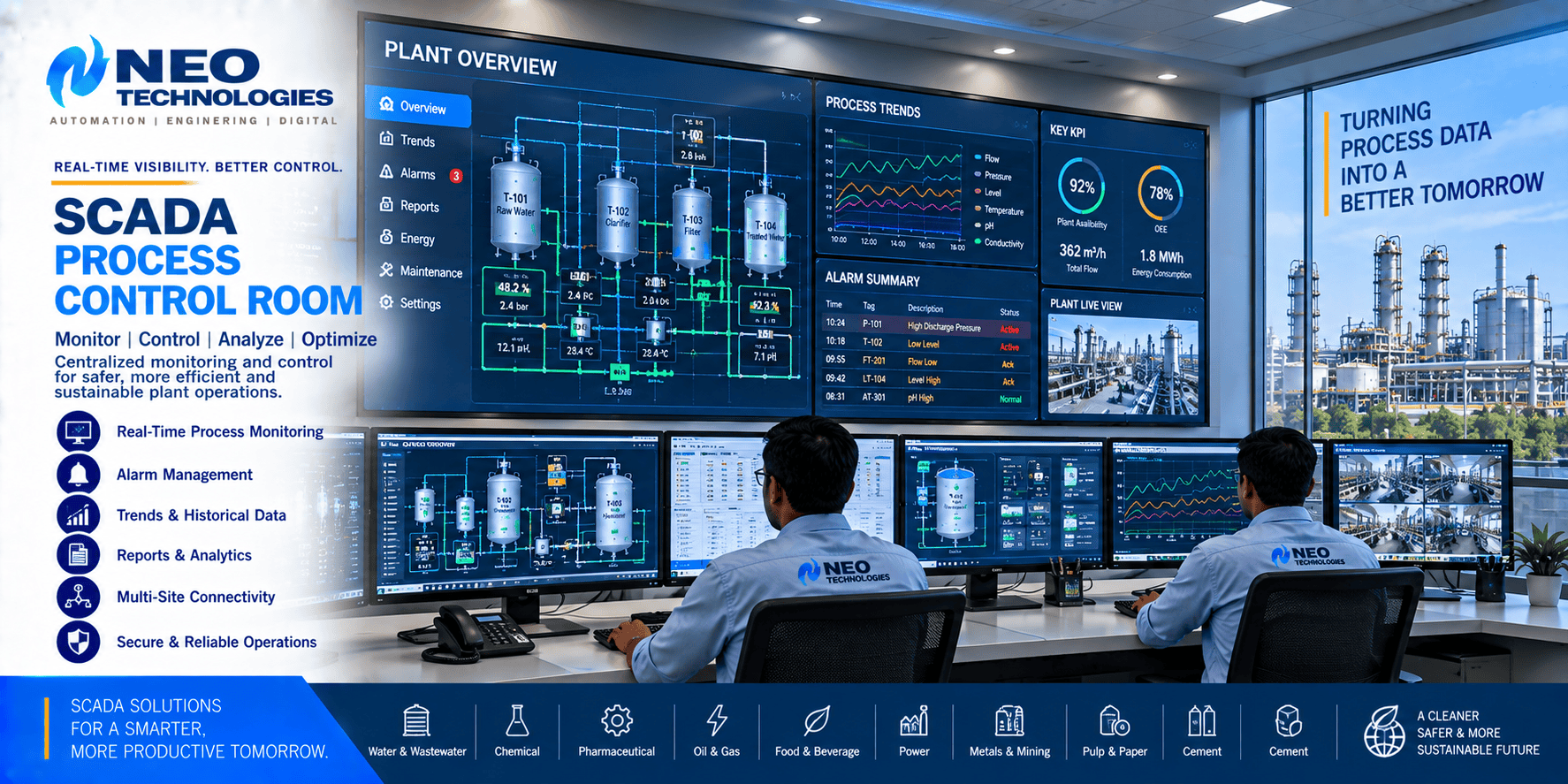 SCADA process control room with plant overview, real-time process monitoring, alarms, trends and operator workstations