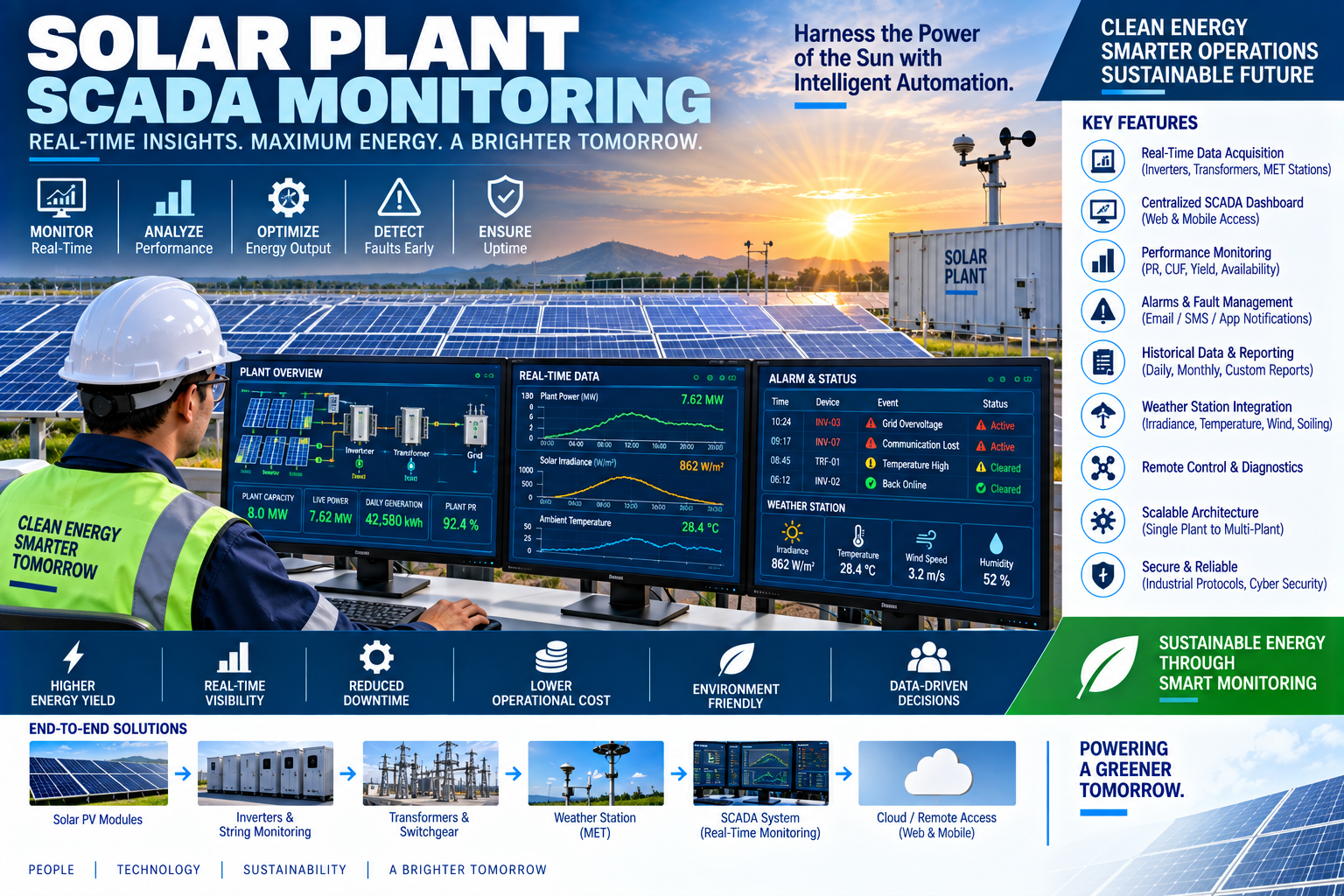 Solar plant SCADA monitoring for energy generation inverter alarms weather and analytics