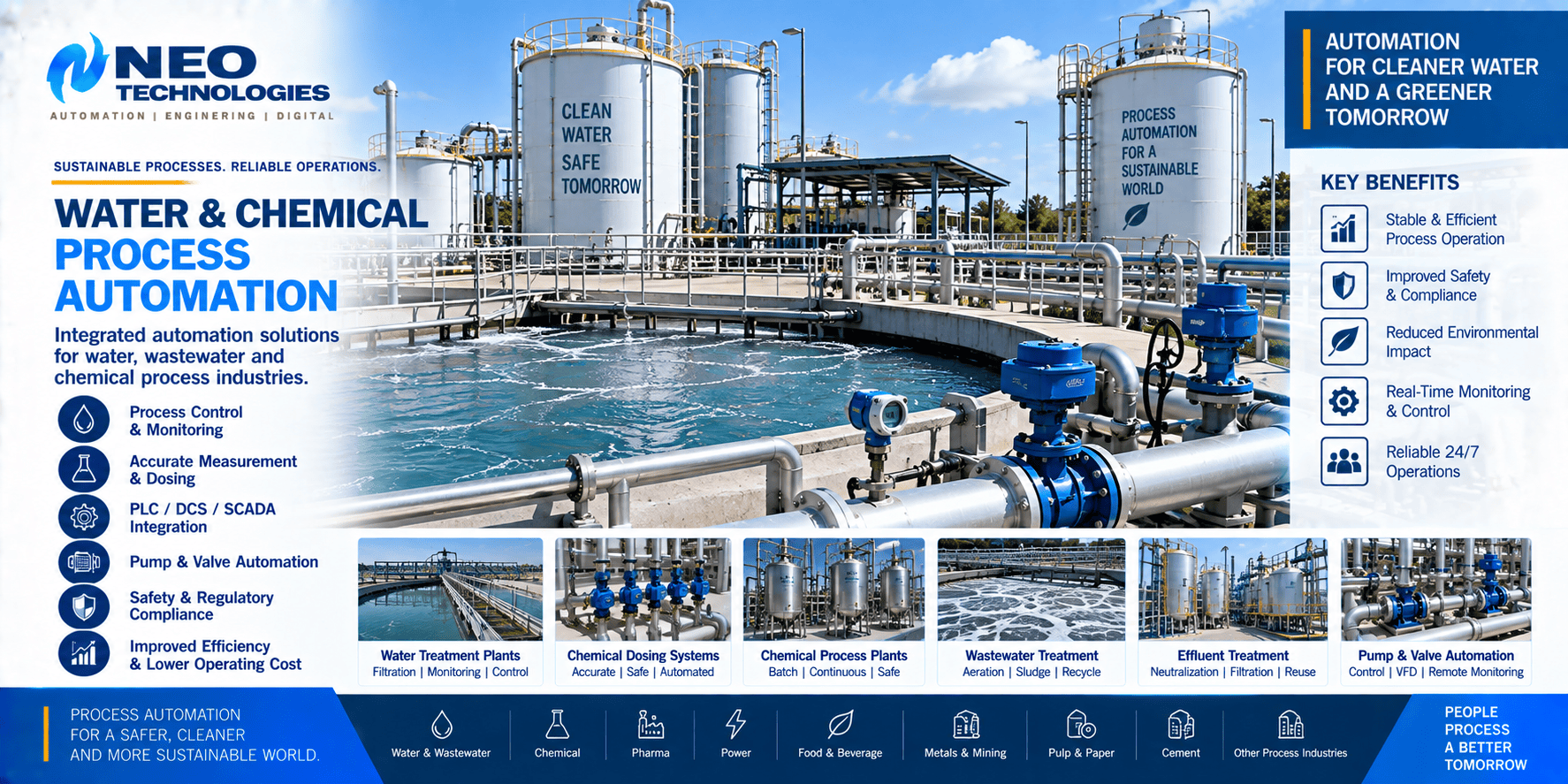 Water and chemical process automation plant with tanks, pumps, pipelines, instruments and automated control valves